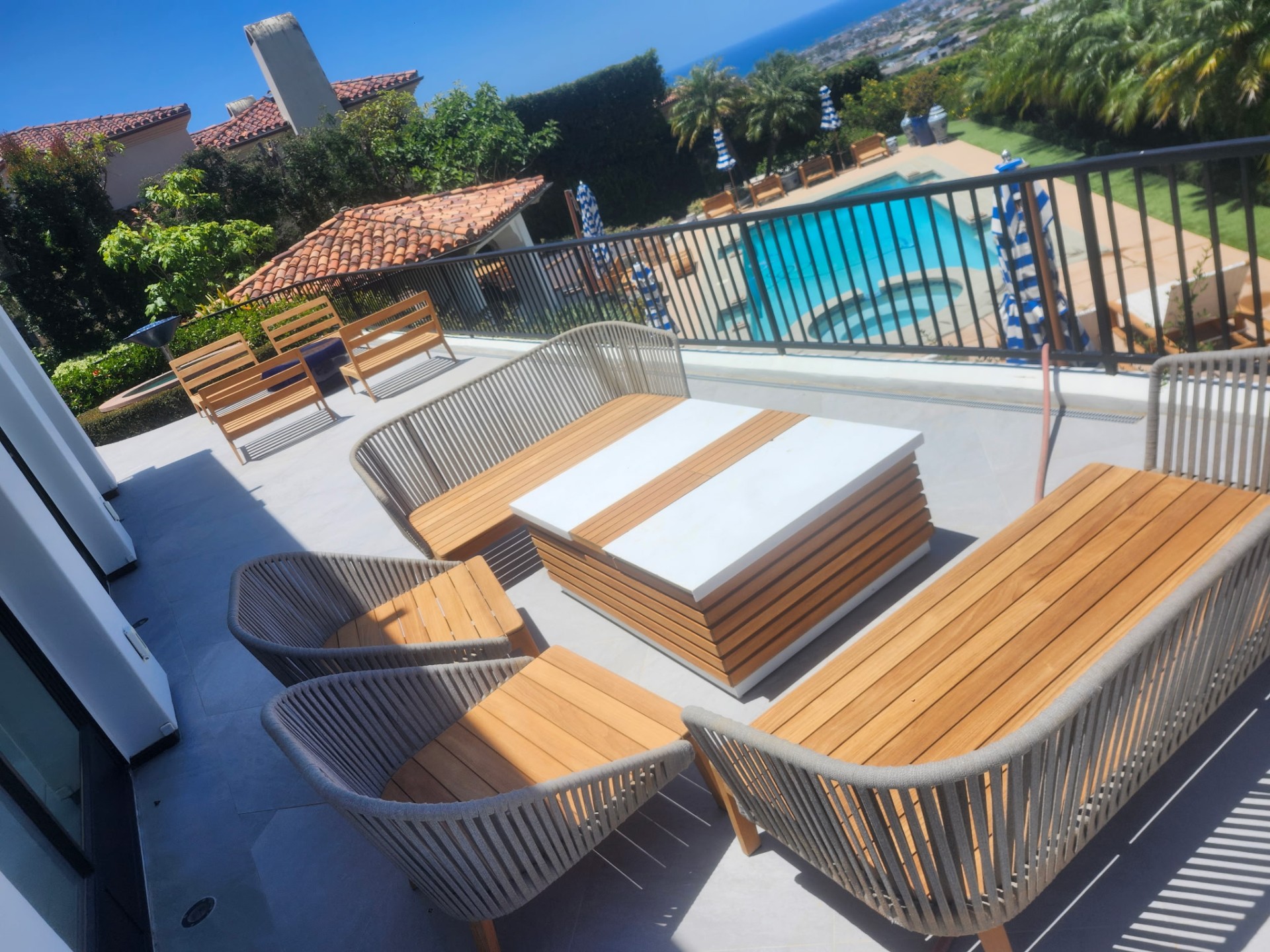 Oceanview Terrace Lounge — teak restoration by My Teak Pro for a Encinitas client, finished in Newport Coast, CA