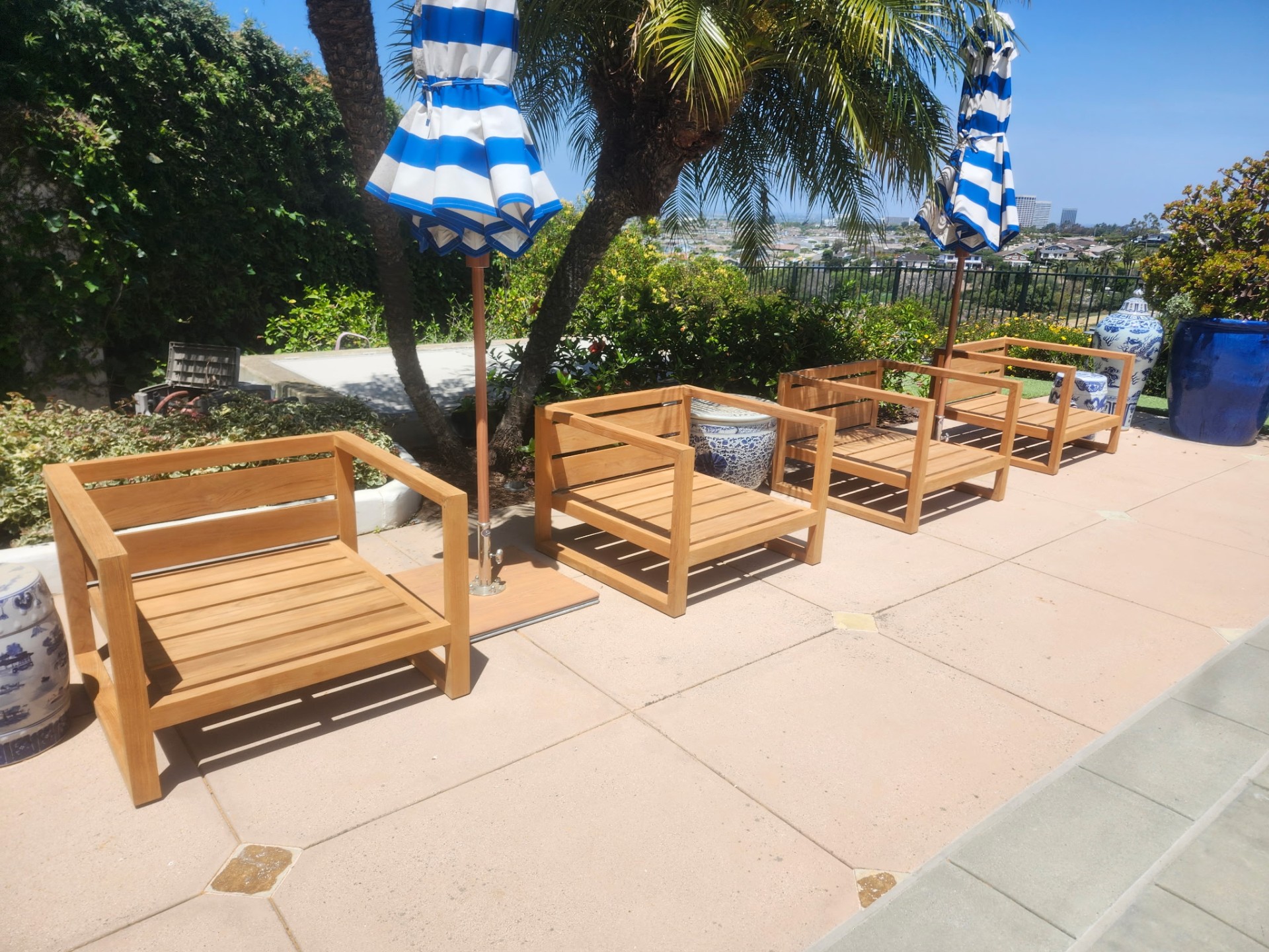 Hilltop Patio Set — teak restoration by My Teak Pro for a Encinitas client, finished in Newport Beach, CA