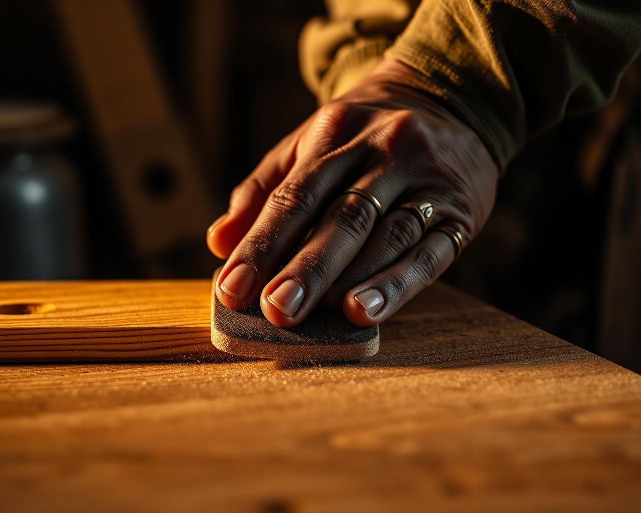 Craftsman hand-sanding teak wood at My Teak Pro